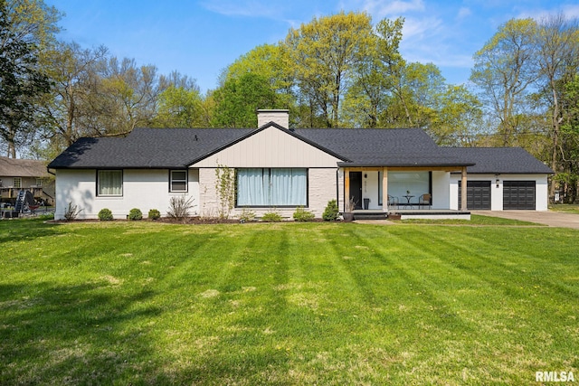 single story home with a porch, a garage, a front lawn, and driveway