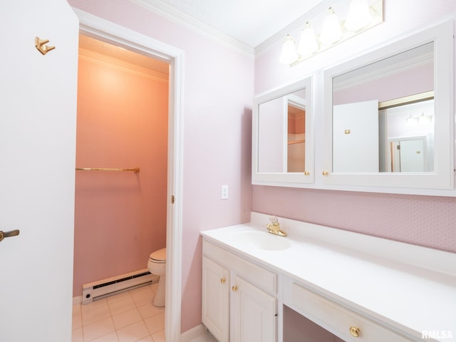 bathroom featuring crown molding, tile patterned flooring, vanity, toilet, and a baseboard heating unit