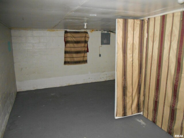 finished below grade area with electric panel and concrete block wall