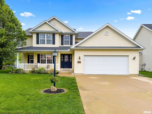 view of front facade with a garage, covered porch, a front yard, and concrete driveway