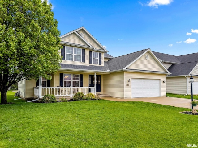 view of front facade with a porch, a front lawn, an attached garage, and concrete driveway