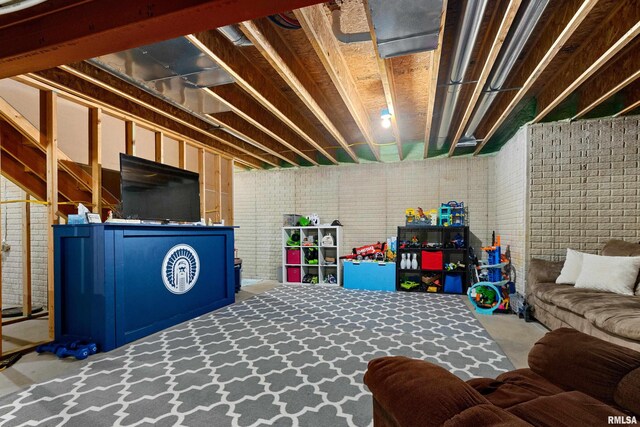 unfinished below grade area with brick wall