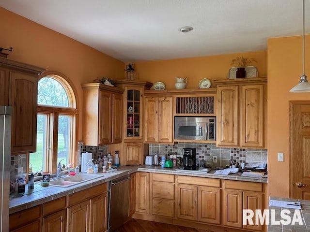 24211 N Carver Rd, Canton, IL 61520 - kitchen featuring appliances with stainless steel finishes, a sink, tile counters, and decorative backsplash