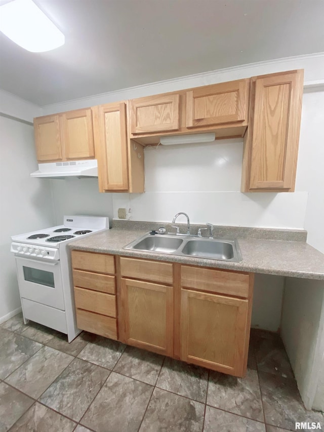 301 Cortland Ave, Avon, IL 61415 - kitchen with white electric stove, a sink, under cabinet range hood, light brown cabinetry, and light countertops
