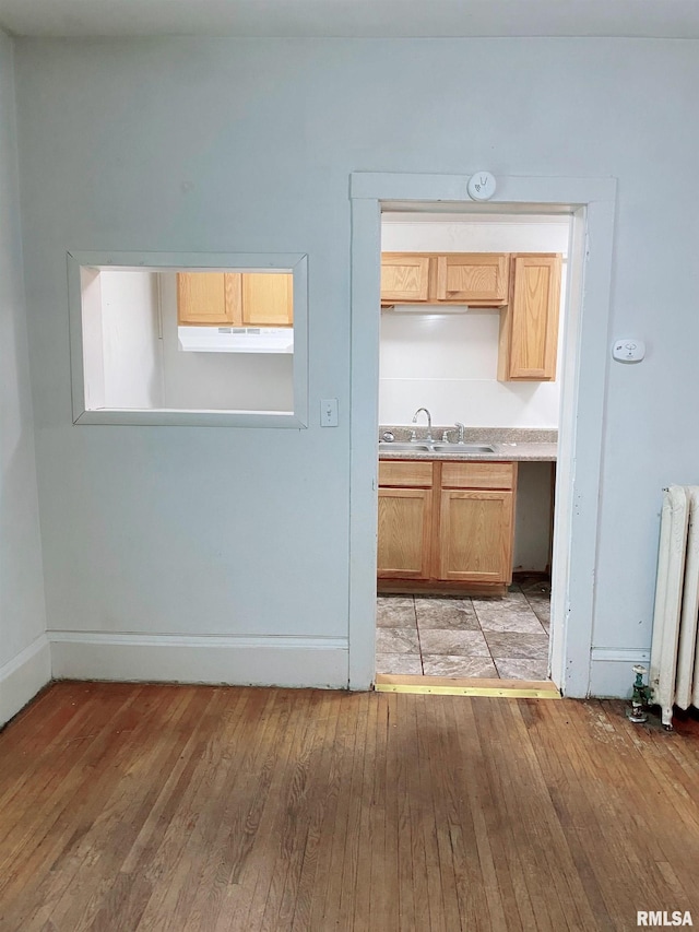 301 Cortland Ave, Avon, IL 61415 - kitchen with radiator heating unit, light wood-style floors, under cabinet range hood, a sink, and baseboards
