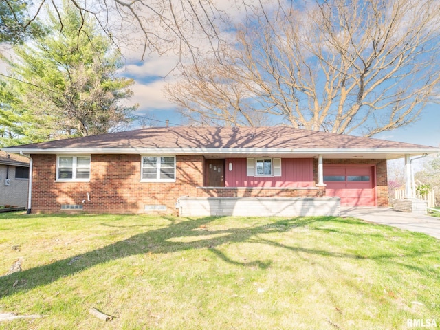 ranch-style house featuring a garage, concrete driveway, a front lawn, and brick siding