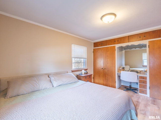 bedroom with light wood-style floors, ornamental molding, multiple windows, and a closet
