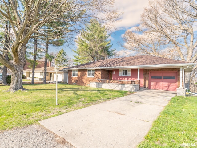 ranch-style house featuring covered porch, brick siding, a front lawn, and a garage
