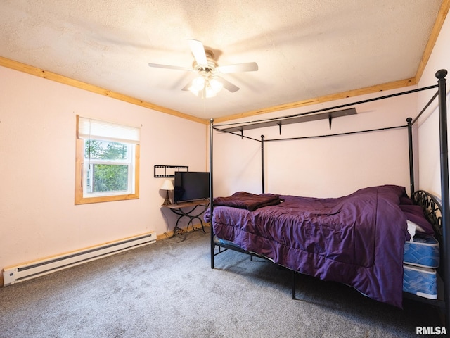 bedroom with a textured ceiling, a baseboard radiator, a ceiling fan, and carpet