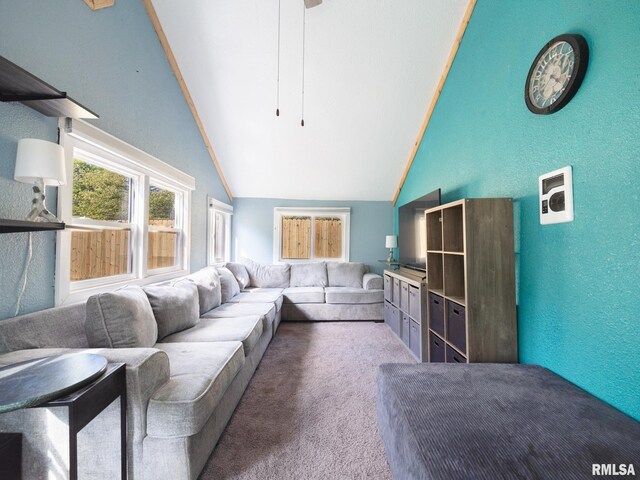 living area featuring lofted ceiling, carpet floors, and a textured wall