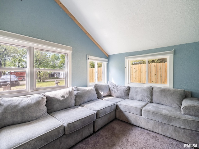 carpeted living area with lofted ceiling and a textured wall
