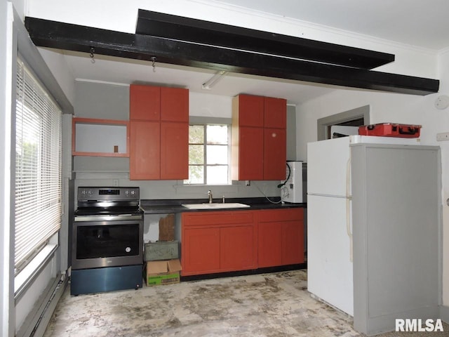 kitchen featuring stainless steel range with electric cooktop, a sink, concrete flooring, dark countertops, and open shelves