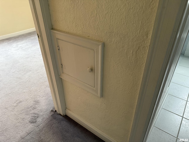 room details with carpet floors, a textured wall, and baseboards