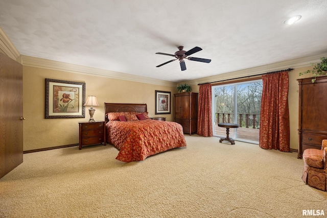 bedroom featuring crown molding, carpet floors, baseboards, and access to exterior
