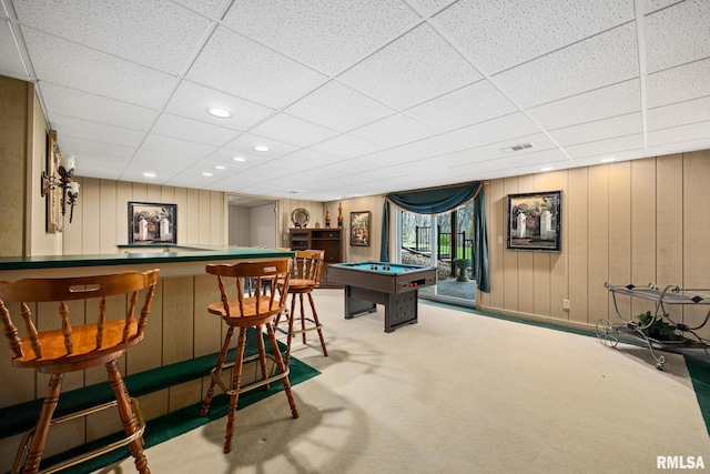 playroom with pool table, carpet, visible vents, a drop ceiling, and a bar