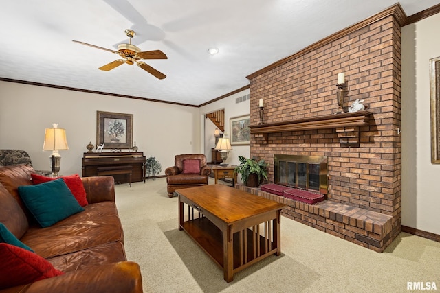 living area with carpet flooring, a brick fireplace, visible vents, baseboards, and ceiling fan
