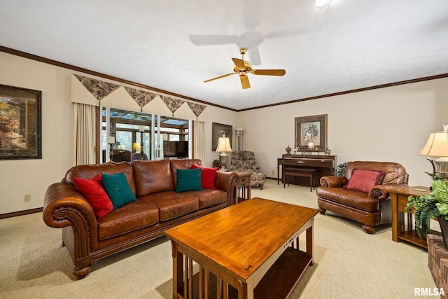 living area featuring light carpet, baseboards, and a ceiling fan
