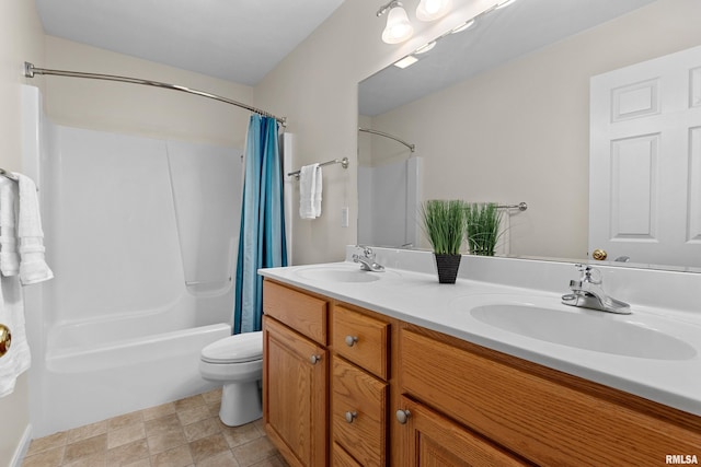 full bathroom featuring toilet, shower / bath combo, and double vanity