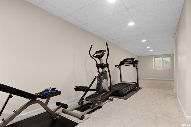 workout room featuring carpet, baseboards, and recessed lighting