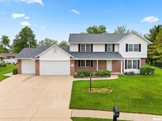 traditional-style house featuring an attached garage, brick siding, driveway, and a front lawn