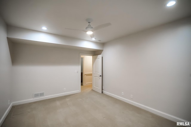 unfurnished room with baseboards, recessed lighting, visible vents, and a ceiling fan
