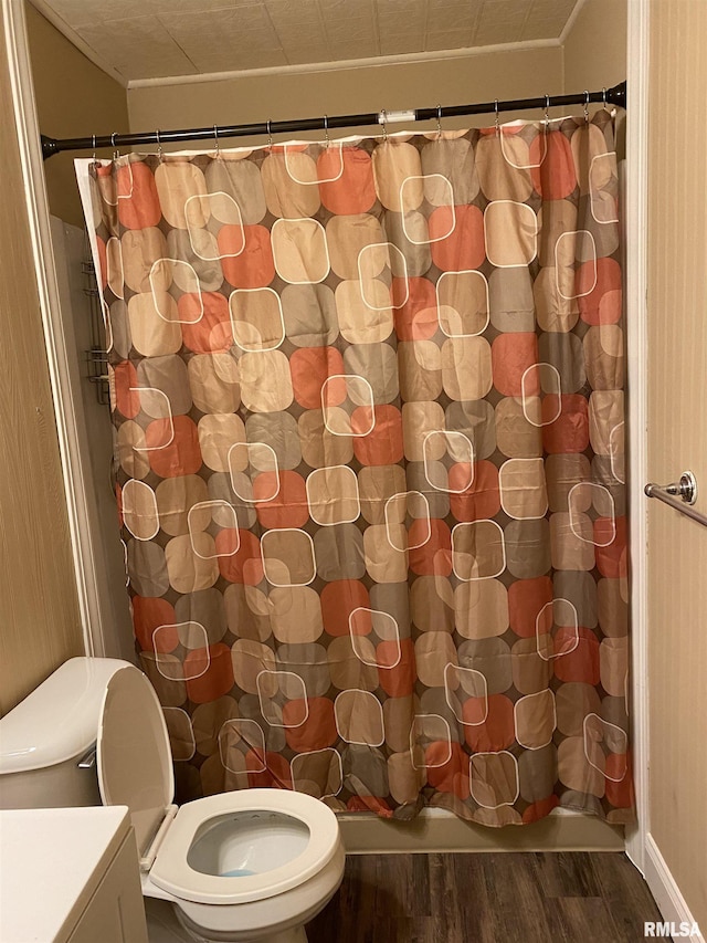 bathroom featuring toilet, a shower with curtain, and wood finished floors