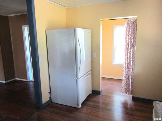 906 E Broadway St, Astoria, IL 61501 - laundry room with baseboards, dark wood-style flooring, and ornamental molding