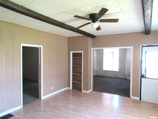 906 E Broadway St, Astoria, IL 61501 - unfurnished room featuring wood finished floors, visible vents, baseboards, beamed ceiling, and ceiling fan