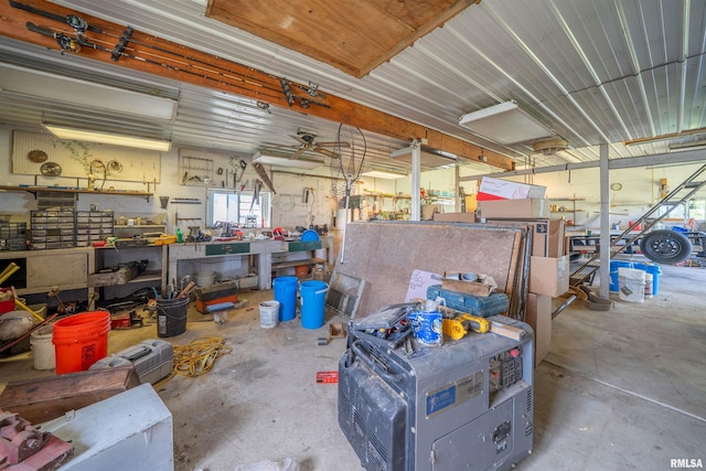 garage with a workshop area