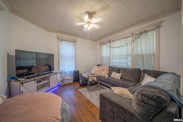 1624 W Barker Ave, Peoria, IL 61606 - living room with crown molding, dark wood-type flooring, and ceiling fan