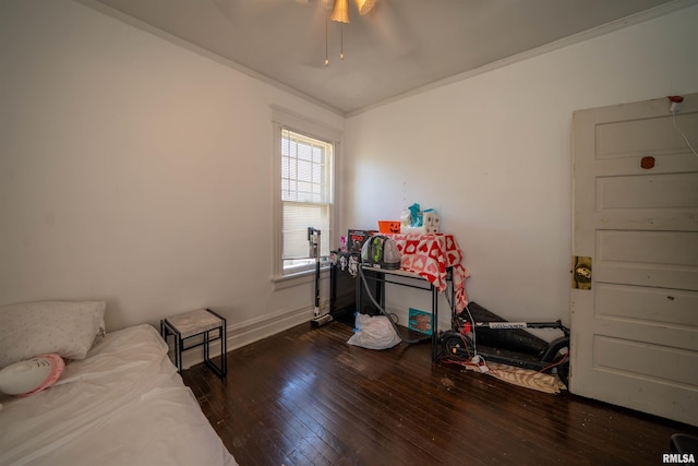 1624 W Barker Ave, Peoria, IL 61606 - bedroom with hardwood / wood-style flooring, ornamental molding, baseboards, and a ceiling fan