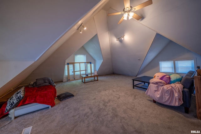 1624 W Barker Ave, Peoria, IL 61606 - unfurnished bedroom with carpet floors, vaulted ceiling, and track lighting