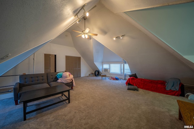 1624 W Barker Ave, Peoria, IL 61606 - bedroom featuring carpet, vaulted ceiling, rail lighting, a textured ceiling, and a ceiling fan
