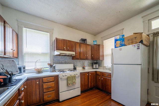 1624 W Barker Ave, Peoria, IL 61606 - kitchen featuring white appliances, under cabinet range hood, dark wood-type flooring, light countertops, and healthy amount of natural light