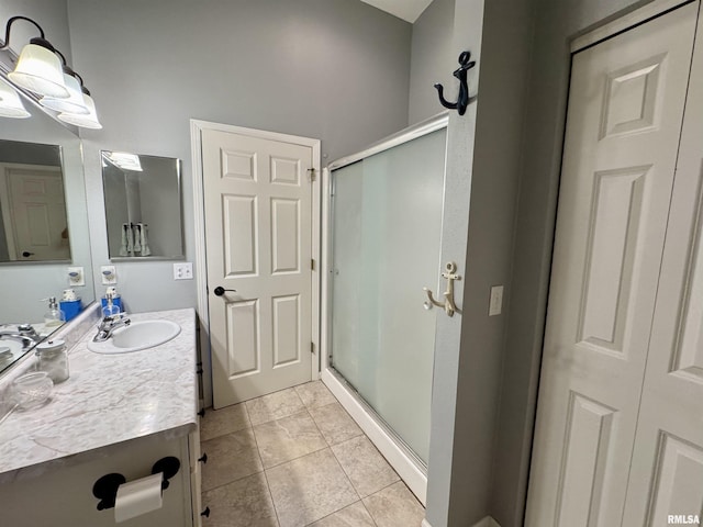 bathroom featuring a stall shower, vanity, and tile patterned flooring