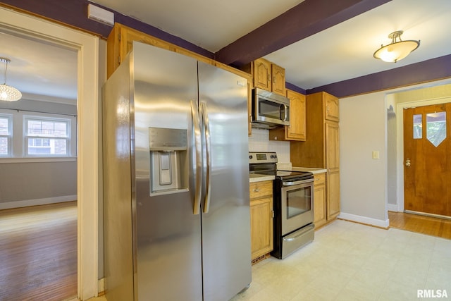 606 W Maywood Ave, Peoria, IL 61604 - kitchen with appliances with stainless steel finishes, decorative backsplash, light countertops, beamed ceiling, and light flooring