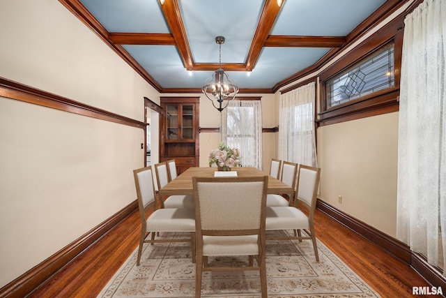 1803 W Barker Ave, Peoria, IL 61606 - dining space featuring a chandelier, coffered ceiling, baseboards, and wood finished floors