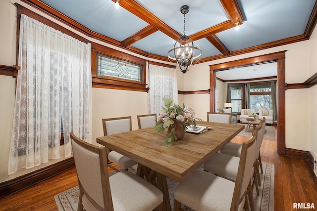 1803 W Barker Ave, Peoria, IL 61606 - dining room with a chandelier, dark wood-type flooring, coffered ceiling, baseboards, and crown molding