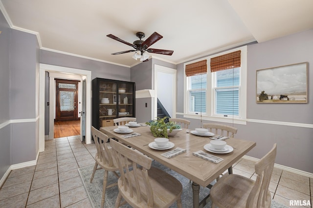 1803 W Barker Ave, Peoria, IL 61606 - dining space with ceiling fan, light tile patterned flooring, baseboards, and ornamental molding