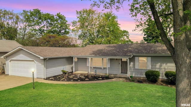 106 N 5th St, Dunlap, IL 61525 - ranch-style house with an attached garage, a lawn, driveway, and roof with shingles