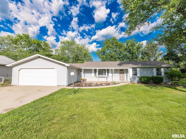 106 N 5th St, Dunlap, IL 61525 - single story home with an attached garage, driveway, a front yard, and a porch
