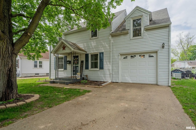 view of front of house featuring concrete driveway, roof with shingles, and a front lawn