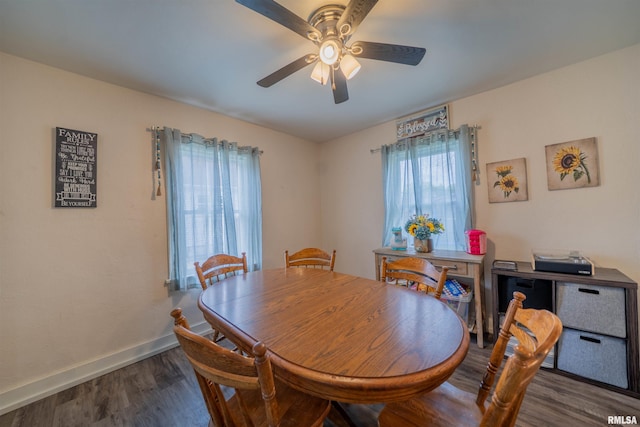 dining space featuring ceiling fan, baseboards, and wood finished floors
