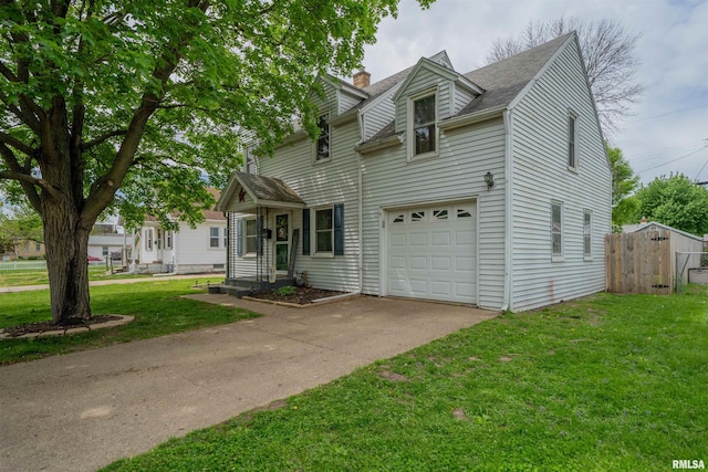 view of front of home with an attached garage, a chimney, concrete driveway, and a shingled roof