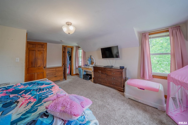 bedroom with carpet flooring, lofted ceiling, and a closet