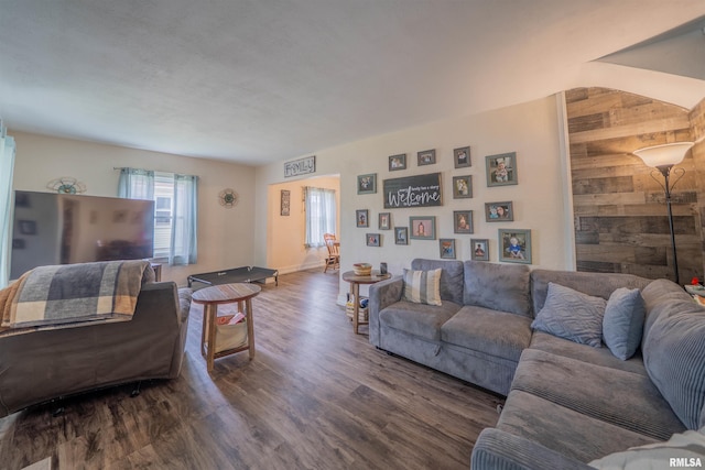 living area featuring wood walls and wood finished floors