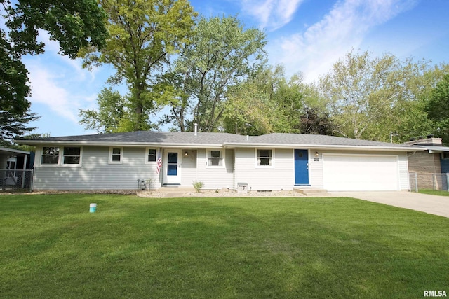 ranch-style home with a garage, concrete driveway, and entry steps