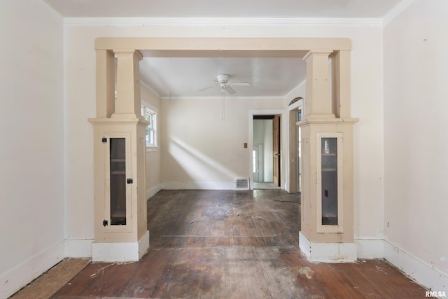 910 W Virginia Ave, Peoria, IL 61604 - unfurnished living room with hardwood / wood-style flooring, ceiling fan, ornamental molding, and baseboards