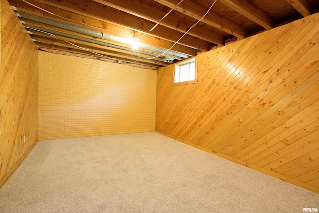 basement featuring wood walls, carpet flooring, and brick wall