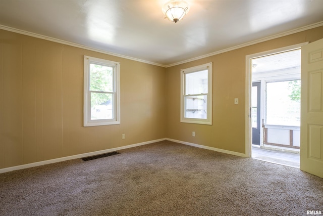 carpeted empty room featuring ornamental molding and baseboards